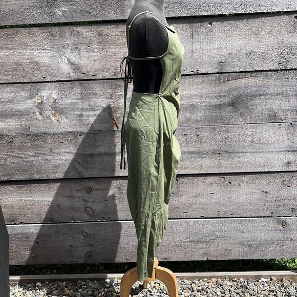 Women’s Army Green Ruched Backless Sleeveless Square Neck Midi Dress - Picture 7 of 11